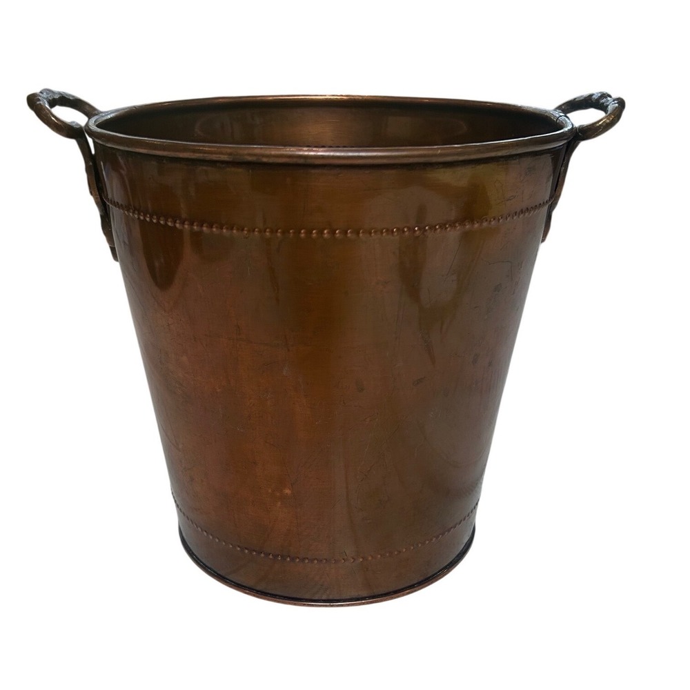 Vintage‎ Solid Copper Bucket Wine Chiller Planter Beaded Trim Shell Handles 9"